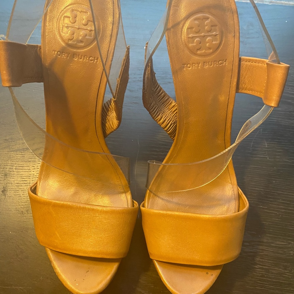 Beautiful Tan and Clear Tory Burch Heels